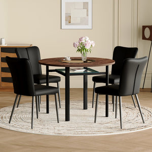 English Elm Table Set 42 Inch Round Wood Grain Top Glass Inlay with 4 Pu Leather Dining Chairs Brown+Black W1151S04495