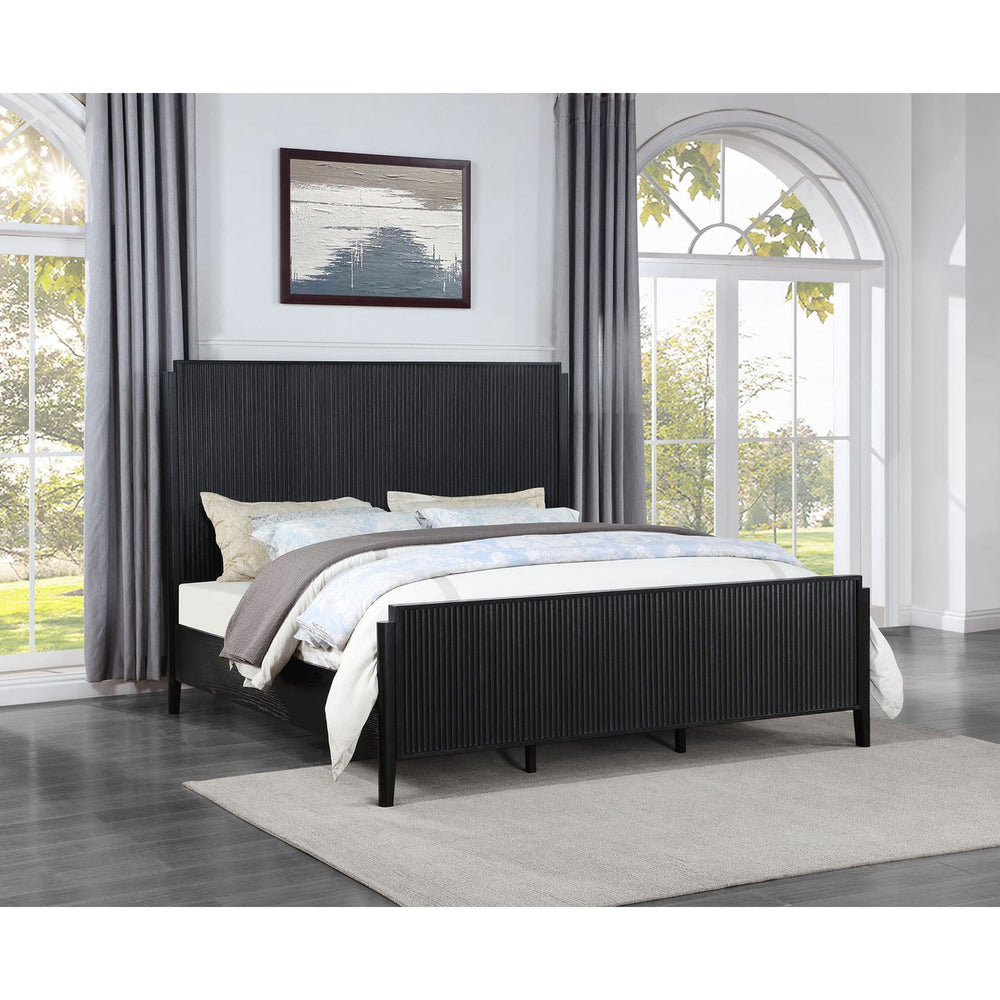 English Elm Mason Black Panel Bed with Fluted Detailing and Modern Squared Headboard for Sleek Bedroom Style B062S01119