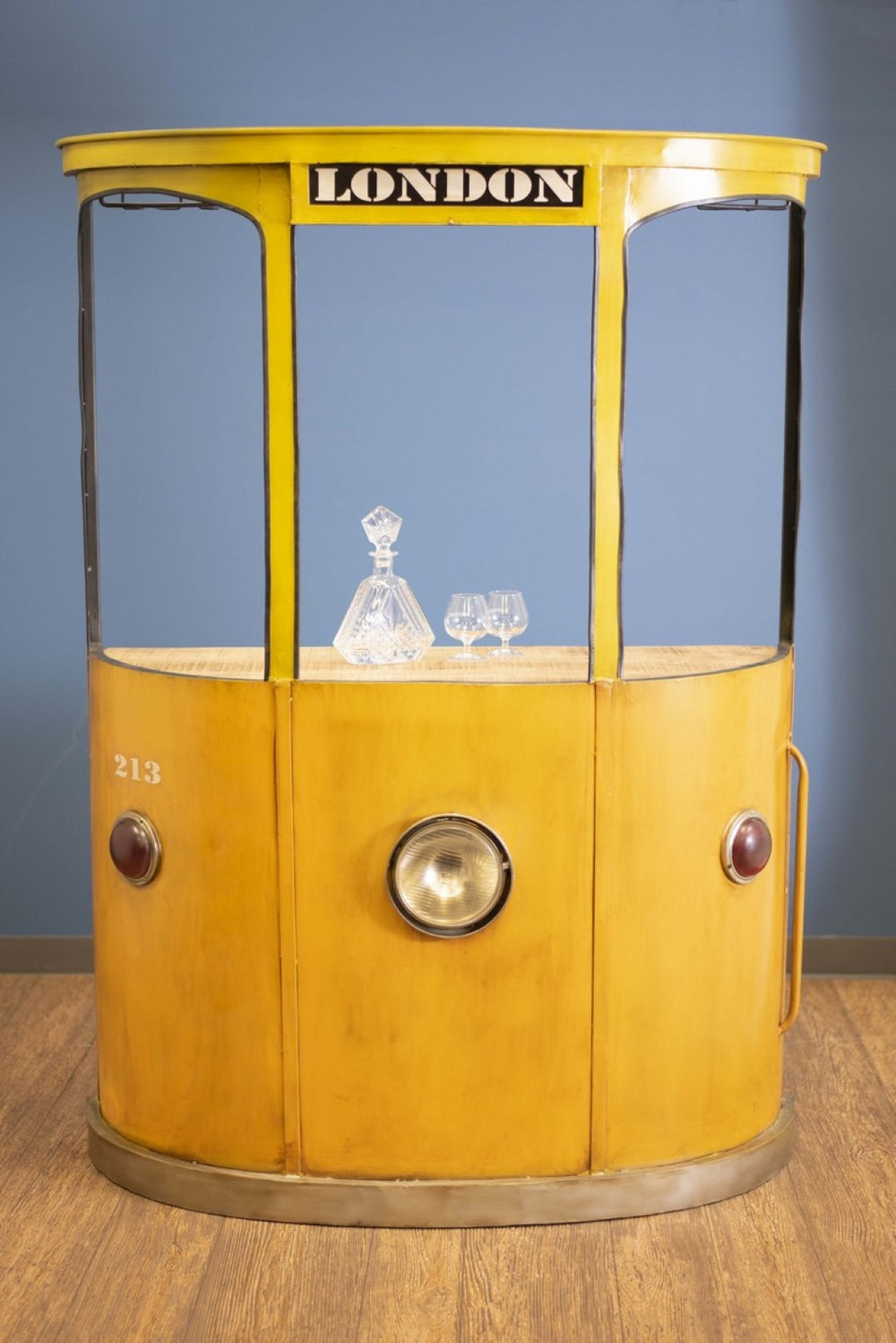 HomeRoots 18" Vintage-Inspired London Tram Bar in Bold Yellow and Orange - No Assembly, Perfect for Entertaining 374320