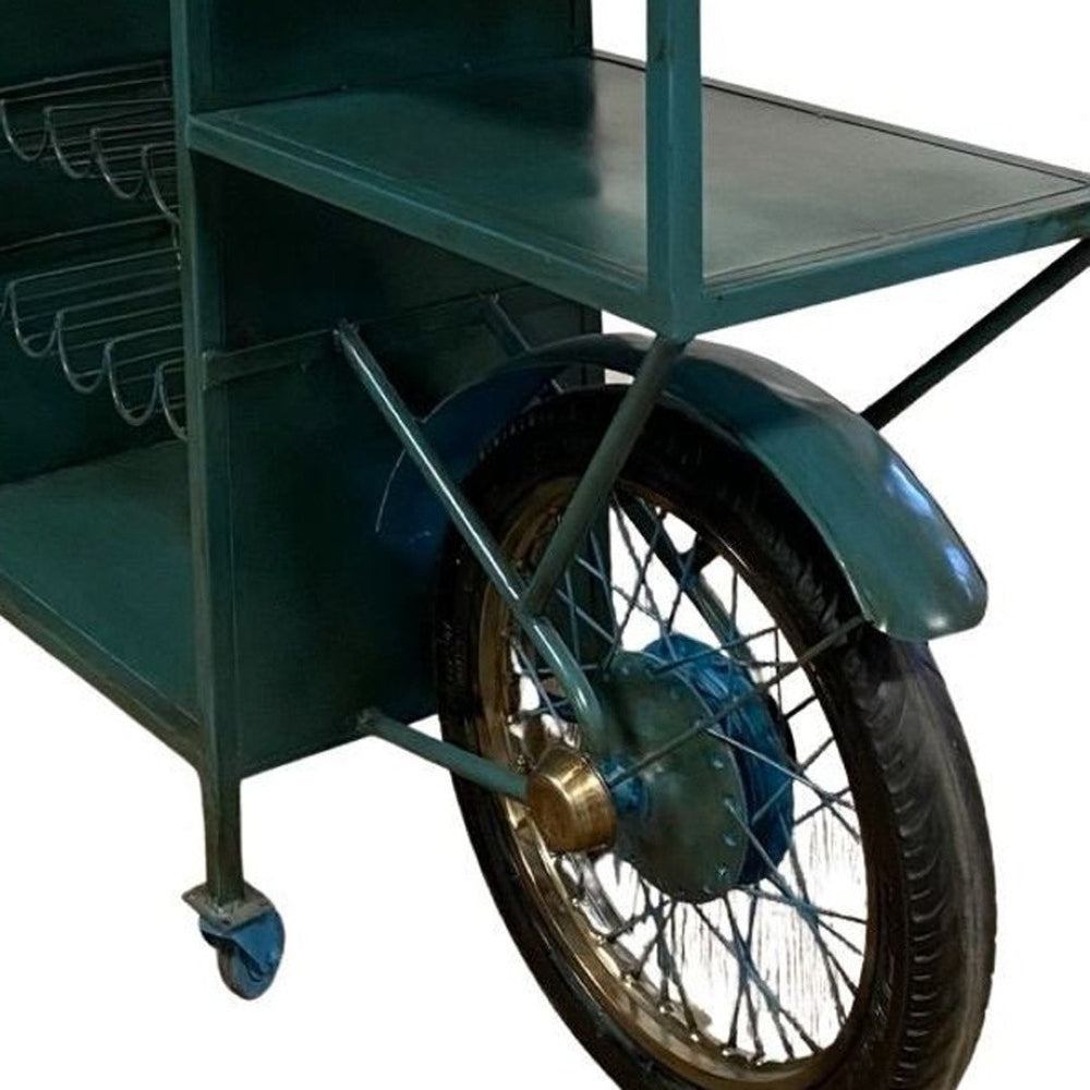 HomeRoots 22" Vintage-Industrial Motorcycle-Inspired Wine Bar with Mango Wood, Metal Frame & Storage Solutions 374323