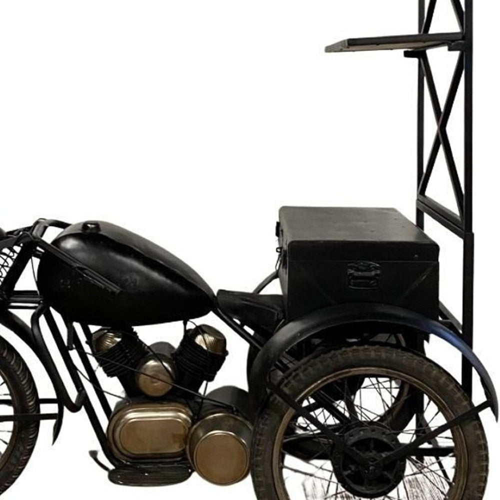 HomeRoots 42" Vintage-Inspired Tri Motorcycle Wine Bar - Rustic Mango Wood & Metal Storage for Home Entertaining 374325