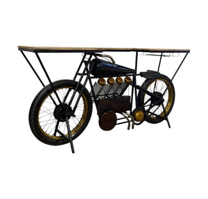 HomeRoots 17" Black Metal Motorcycle Bar Cart with Unique Solid Wood Top & Wine Storage for Home Entertaining 374328