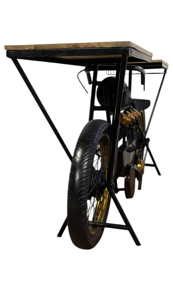 HomeRoots 17" Black Metal Motorcycle Bar Cart with Unique Solid Wood Top & Wine Storage for Home Entertaining 374328