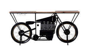 HomeRoots 17" Black Metal Motorcycle Bar Cart with Unique Solid Wood Top & Wine Storage for Home Entertaining 374328