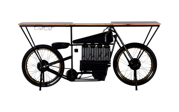 HomeRoots 17" Black Metal Motorcycle Bar Cart with Unique Solid Wood Top & Wine Storage for Home Entertaining 374328