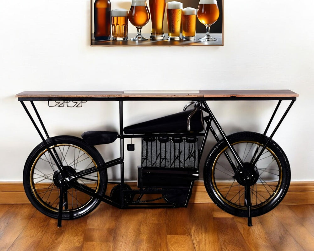 HomeRoots 17" Black Metal Motorcycle Bar Cart with Unique Solid Wood Top & Wine Storage for Home Entertaining 374328