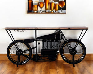 HomeRoots 17" Black Metal Motorcycle Bar Cart with Unique Solid Wood Top & Wine Storage for Home Entertaining 374328