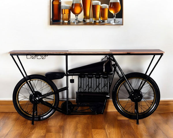 HomeRoots 17" Black Metal Motorcycle Bar Cart with Unique Solid Wood Top & Wine Storage for Home Entertaining 374328
