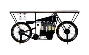 HomeRoots 17" Black Metal Motorcycle Bar Cart with Unique Solid Wood Top & Wine Storage for Home Entertaining 374328