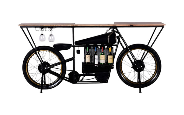 HomeRoots 17" Black Metal Motorcycle Bar Cart with Unique Solid Wood Top & Wine Storage for Home Entertaining 374328