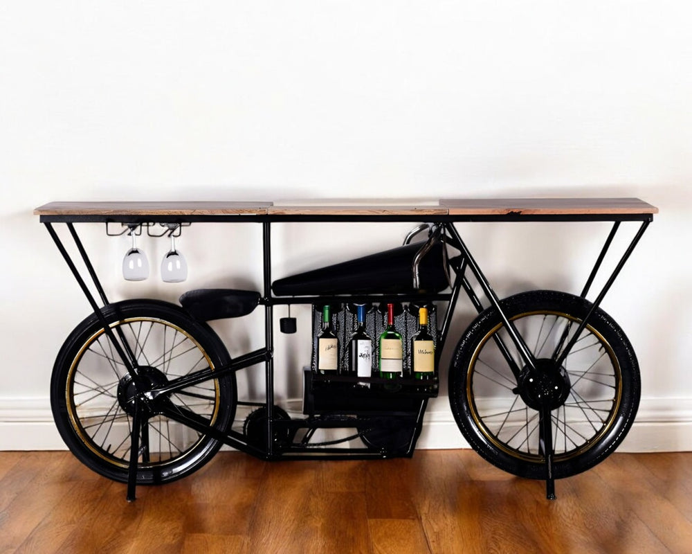 HomeRoots 17" Black Metal Motorcycle Bar Cart with Unique Solid Wood Top & Wine Storage for Home Entertaining 374328