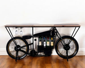 HomeRoots 17" Black Metal Motorcycle Bar Cart with Unique Solid Wood Top & Wine Storage for Home Entertaining 374328