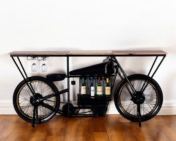 HomeRoots 17" Black Metal Motorcycle Bar Cart with Unique Solid Wood Top & Wine Storage for Home Entertaining 374328