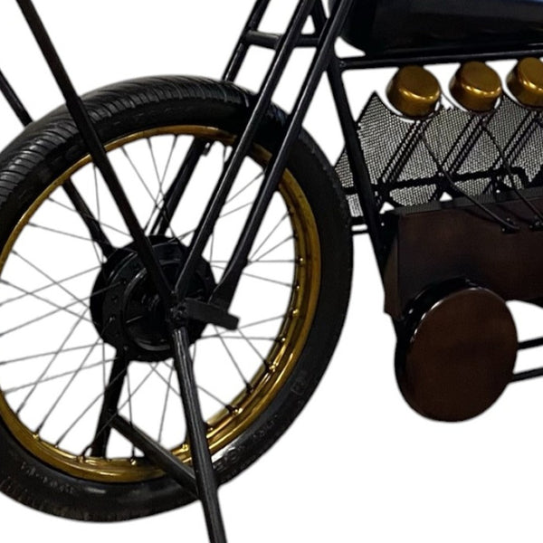 HomeRoots 17" Black Metal Motorcycle Bar Cart with Unique Solid Wood Top & Wine Storage for Home Entertaining 374328