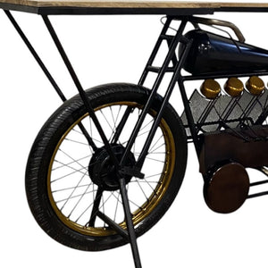 HomeRoots 17" Black Metal Motorcycle Bar Cart with Unique Solid Wood Top & Wine Storage for Home Entertaining 374328