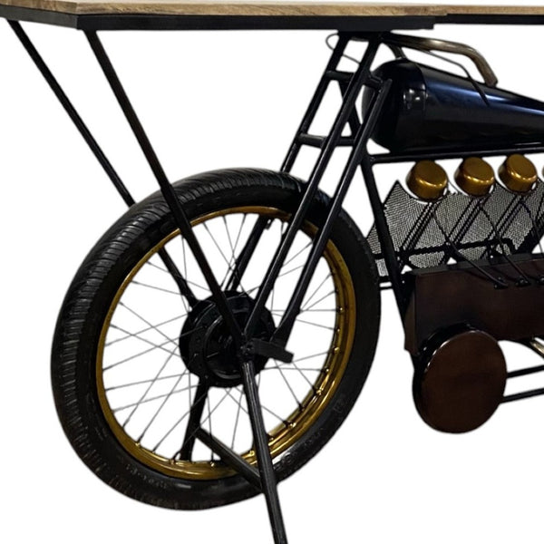 HomeRoots 17" Black Metal Motorcycle Bar Cart with Unique Solid Wood Top & Wine Storage for Home Entertaining 374328
