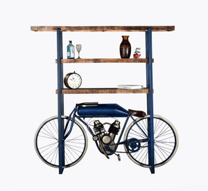 Homeroots Blue Metal Mango Wood Cycle Book Shelf Bar Counter   374329