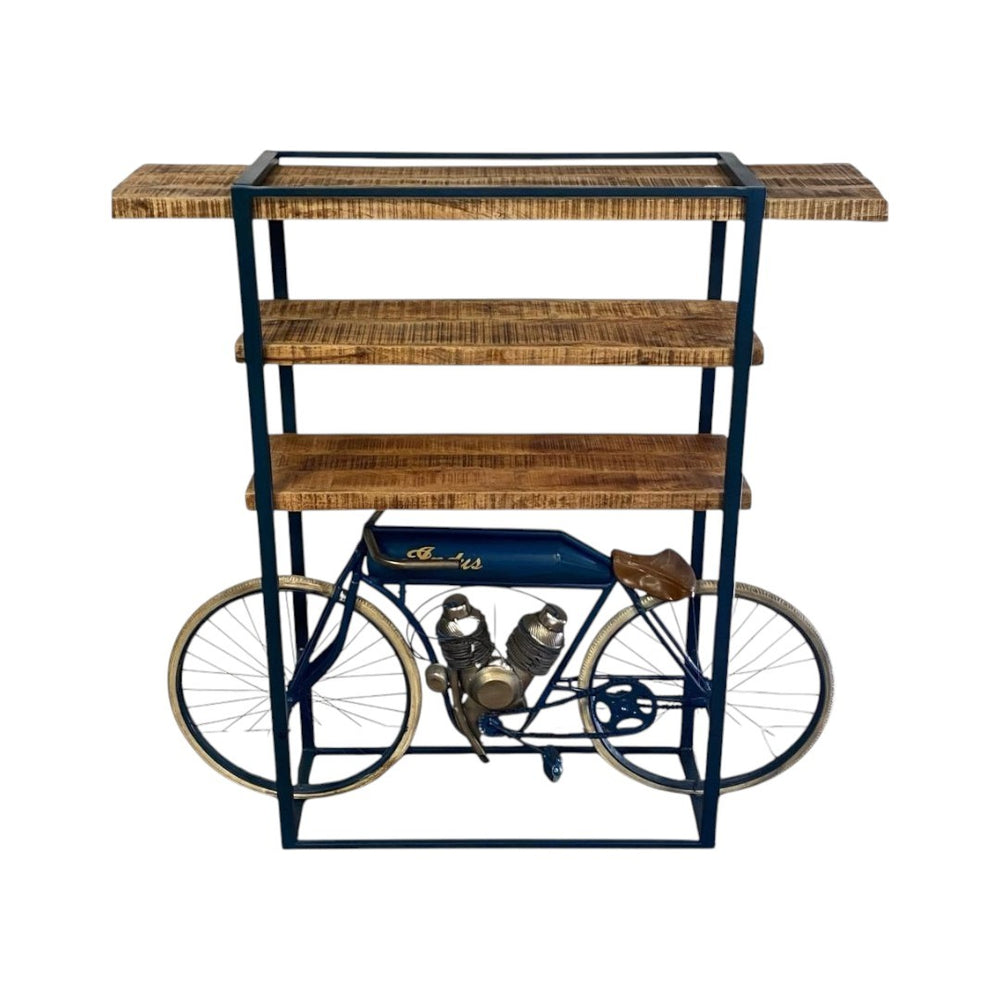 HomeRoots 72" Vintage Blue & Brown Distressed Three-Tier Bookcase - Stylish Industrial Wood & Steel Storage Solution 374329