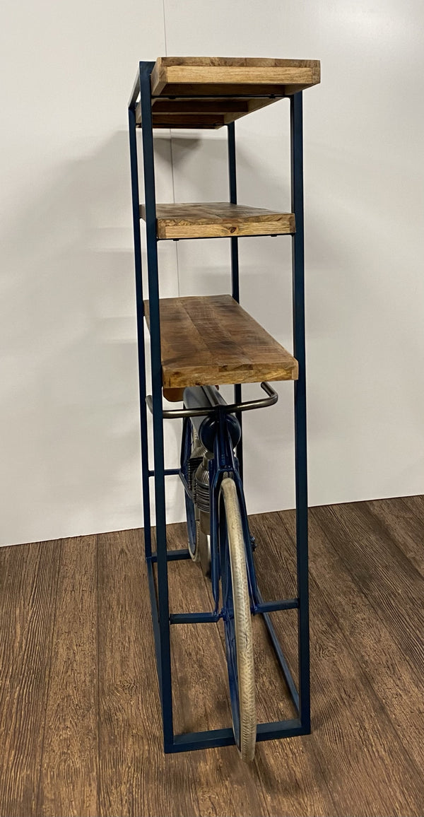 Homeroots Blue Metal Mango Wood Cycle Book Shelf Bar Counter   374329
