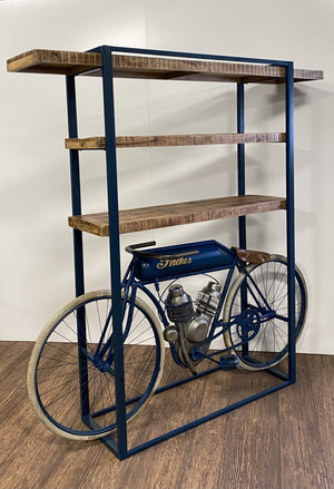 Homeroots Blue Metal Mango Wood Cycle Book Shelf Bar Counter   374329