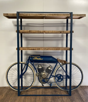 Homeroots Blue Metal Mango Wood Cycle Book Shelf Bar Counter   374329