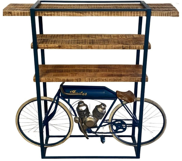 Homeroots Blue Metal Mango Wood Cycle Book Shelf Bar Counter   374329