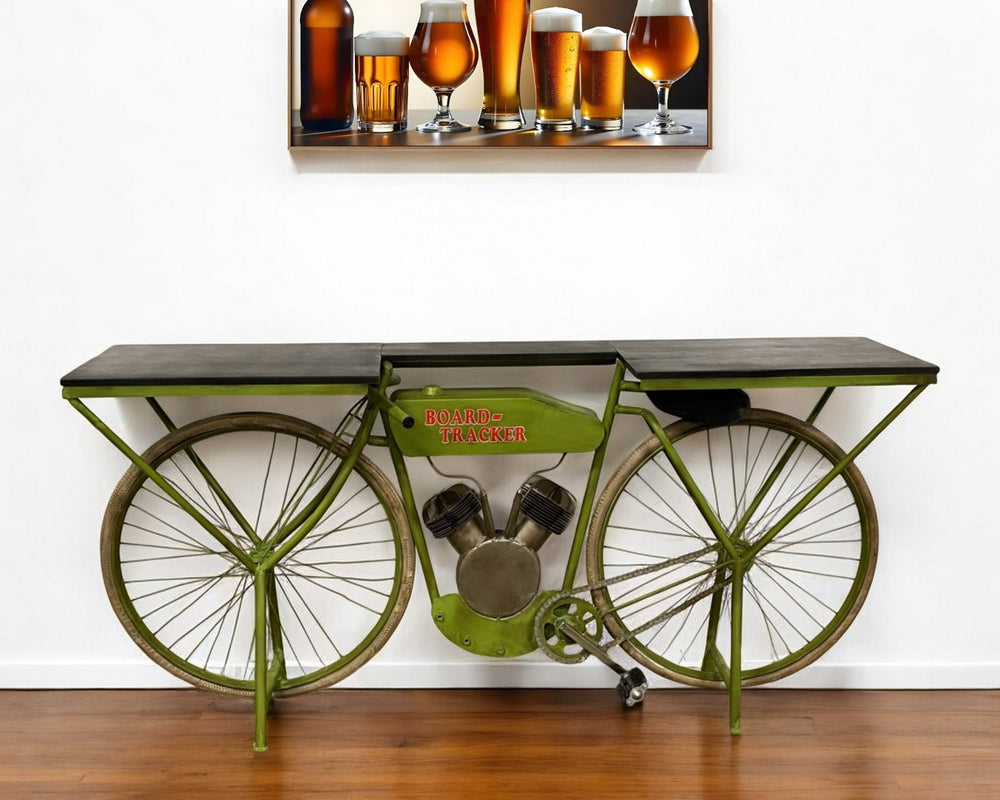 HomeRoots 71" Rustic Bike-Inspired Kitchen Cart with Solid Mango Wood & Reclaimed Metal - Unique Storage Solution 374331