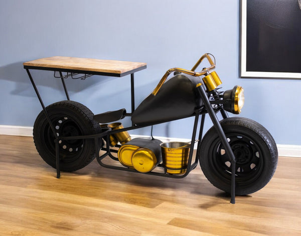 Homeroots Black And Gold Metal And Wood Bar Cart With Wine Storage   374334