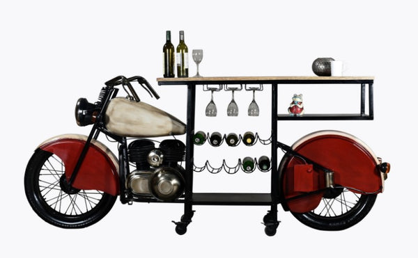 Homeroots Red And Black Metal And Wood Rolling Glider Bike Bar Cart With Wine Storage   374340