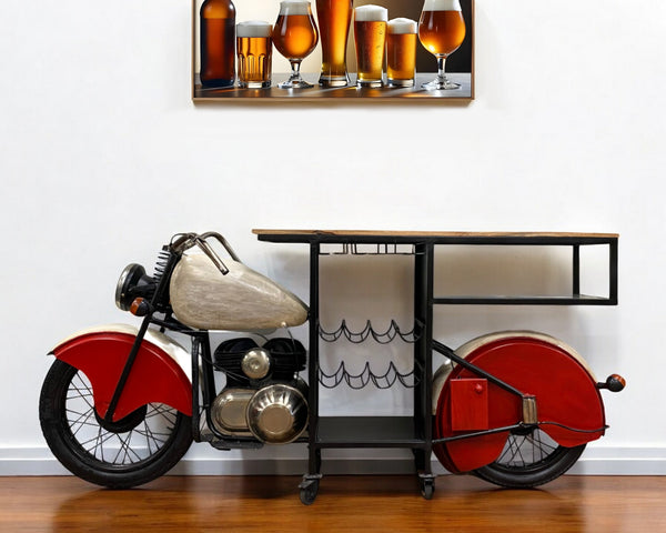Homeroots Red And Black Metal And Wood Rolling Glider Bike Bar Cart With Wine Storage   374340