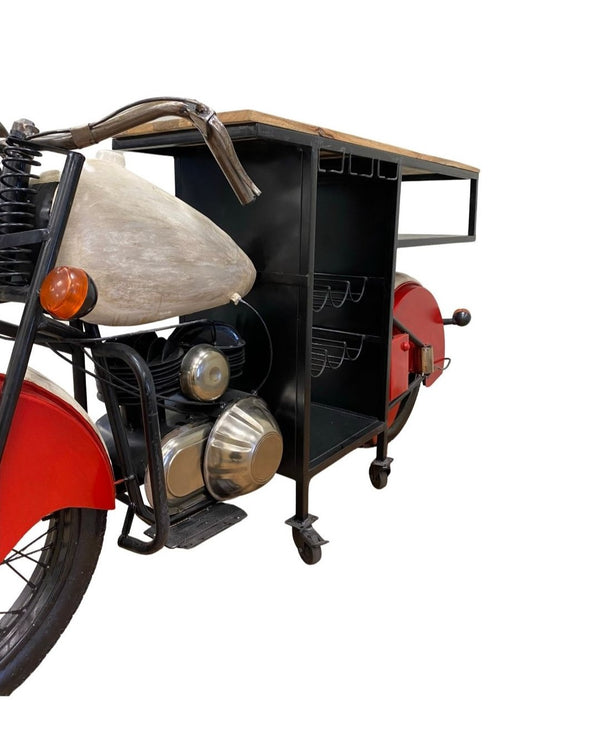 Homeroots Red And Black Metal And Wood Rolling Glider Bike Bar Cart With Wine Storage   374340