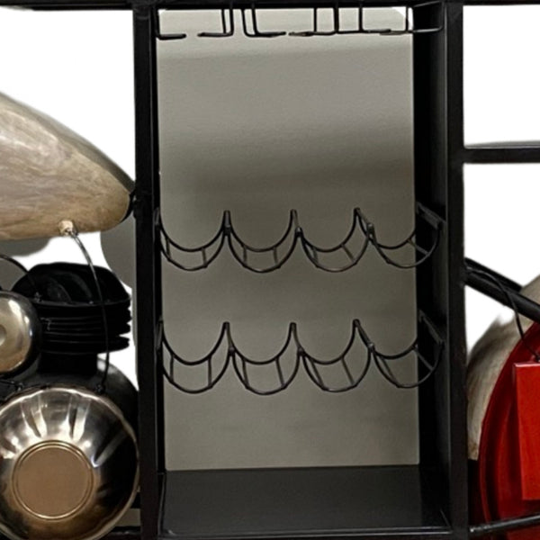 Homeroots Red And Black Metal And Wood Rolling Glider Bike Bar Cart With Wine Storage   374340