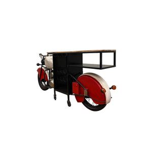 Homeroots Red And Black Metal And Wood Rolling Glider Bike Bar Cart With Wine Storage   374340