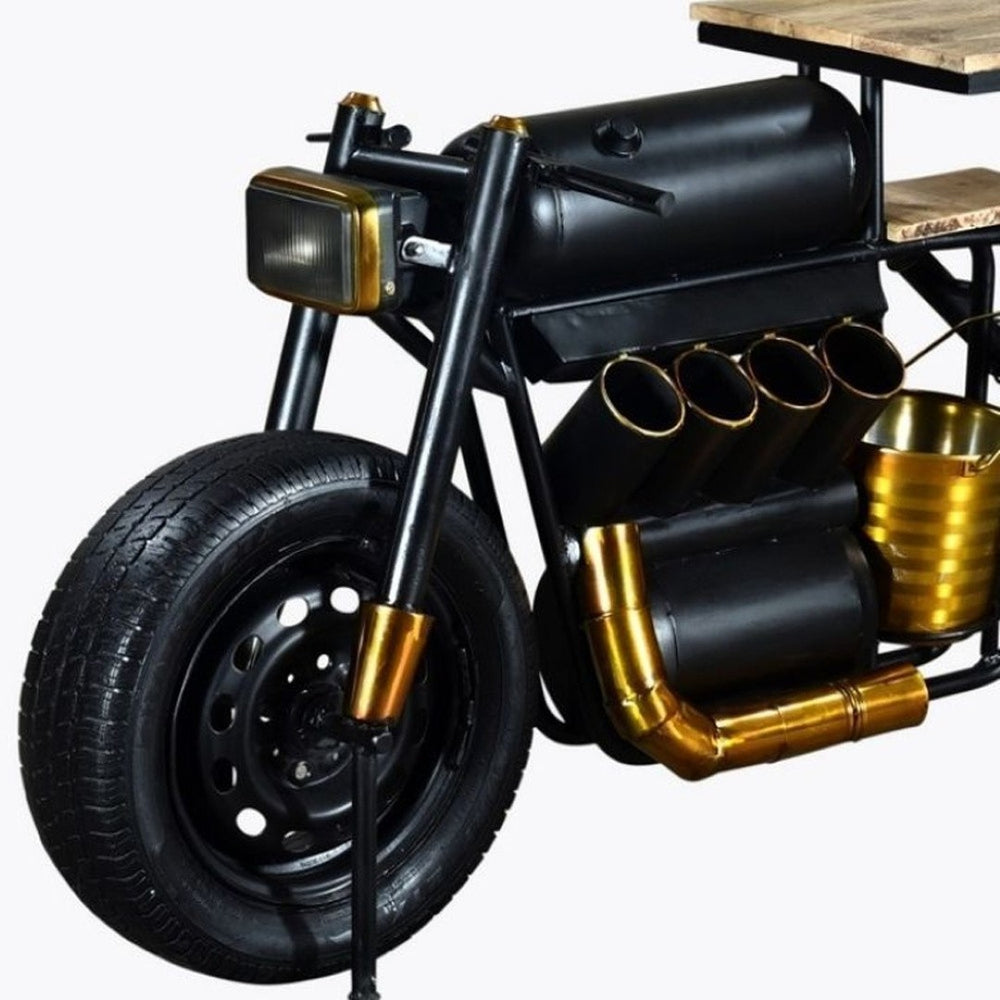 HomeRoots 17" Vintage-Inspired Motorcycle-Style Wine Bar in Black & Gold – Industrial Storage for Home Bars 374341