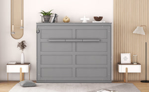 English Elm Full Size Murphy Wall Bed with Cabinet Dual Piston Folding Mechanism for Studio Spaces Gray LP000664AAE-2