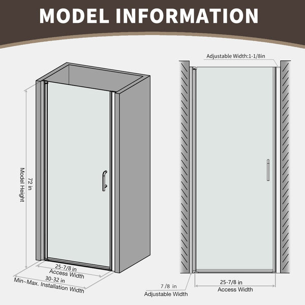 English Elm 30--32 in Frameless Pivot Shower Door Clear Tempered Glass Chrome Hardware Reversible W63777026