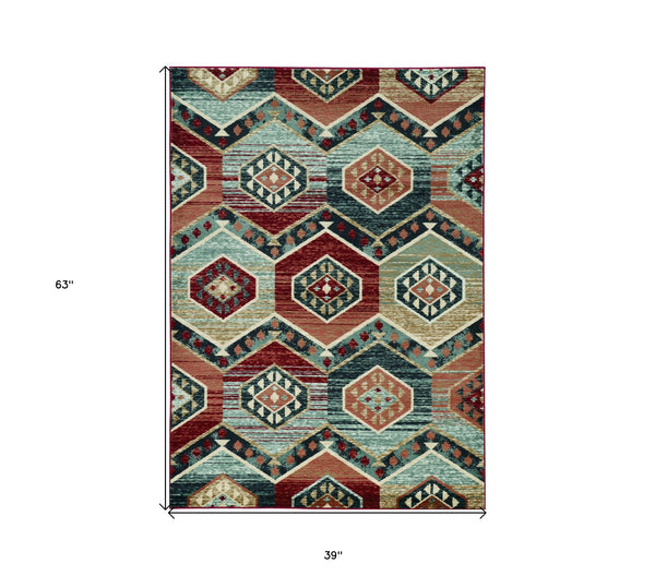 Homeroots 3' X 5' Red Machine Woven Honeycomb Lodge Indoor Area Rug  Polypropylene 374401