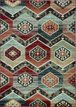 HomeRoots 7' Vibrant Red and Blue Geometric Round Area Rug - Durable, Stylish Design for High-Traffic Spaces 5' X 8' 374402