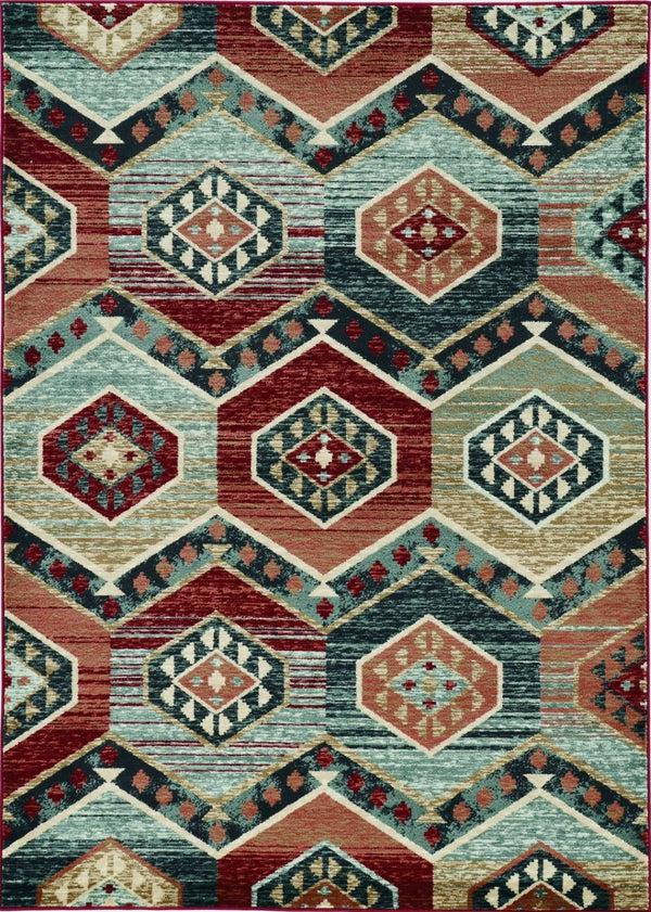 HomeRoots 7' Vibrant Red and Blue Geometric Round Area Rug - Durable, Stylish Design for High-Traffic Spaces 5' X 8' 374402