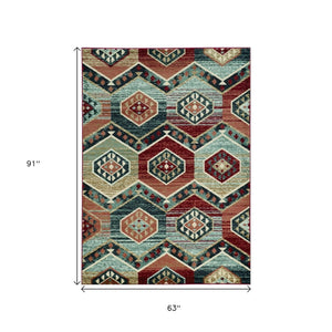 HomeRoots 7' Vibrant Red and Blue Geometric Round Area Rug - Durable, Stylish Design for High-Traffic Spaces 5' X 8' 374402
