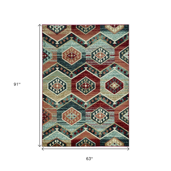 HomeRoots 7' Vibrant Red and Blue Geometric Round Area Rug - Durable, Stylish Design for High-Traffic Spaces 5' X 8' 374402