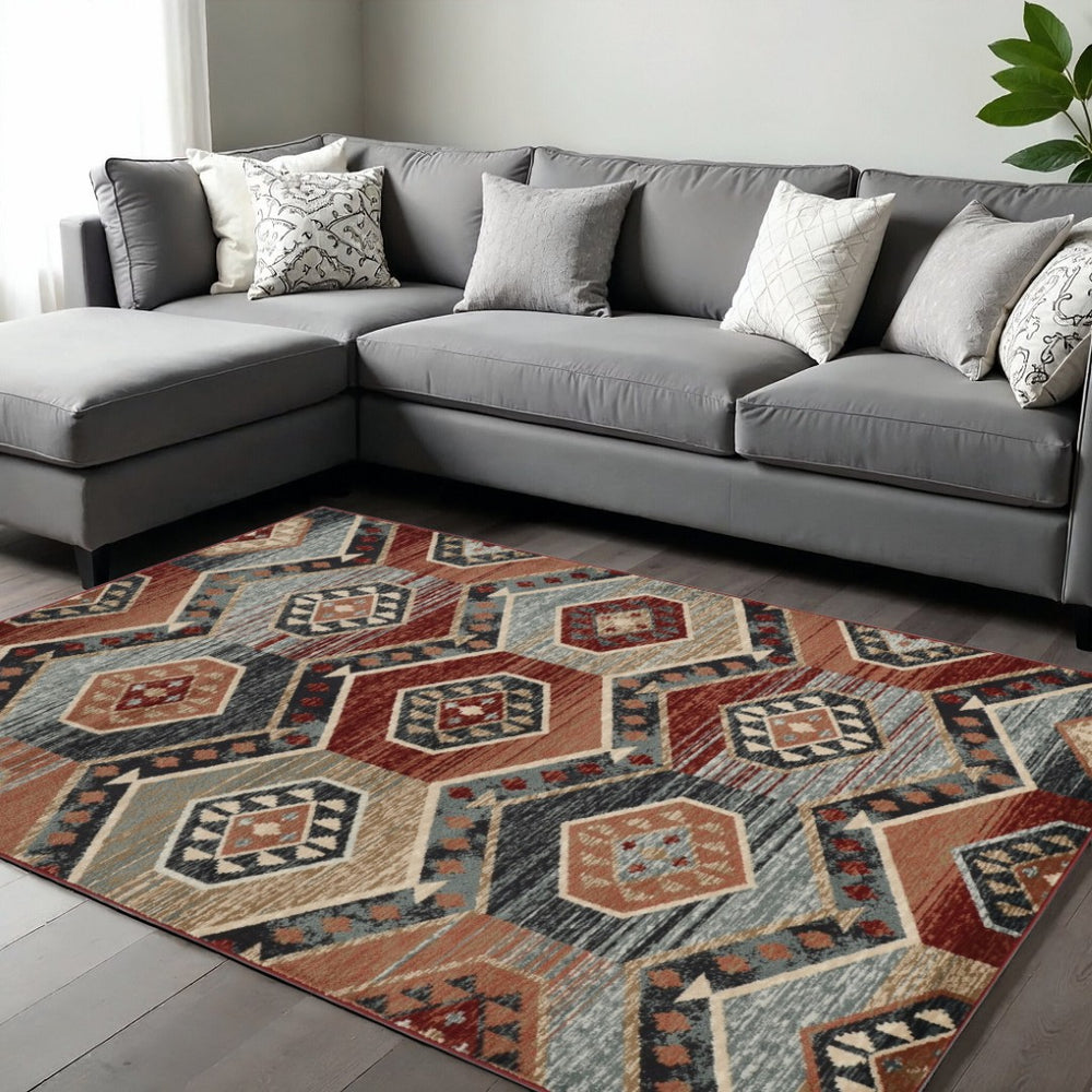 HomeRoots 8' Geometric Area Rug in Bold Red, Gray, and Orange – Modern Design for Comfort and Durability 8' X 10' 374403