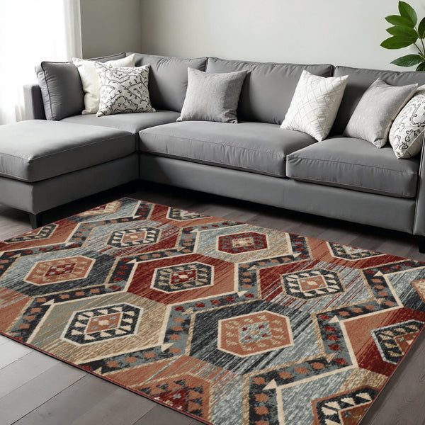 HomeRoots 8' Geometric Area Rug in Bold Red, Gray, and Orange – Modern Design for Comfort and Durability 8' X 10' 374403