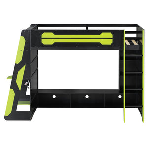 English Elm Twin Gaming Loft Bed with Desk Rgb Lighting and Multi-tier Shelves for Teen Rooms Green LT000160AAG