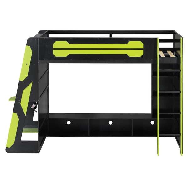 English Elm Twin Gaming Loft Bed with Desk Rgb Lighting and Multi-tier Shelves for Teen Rooms Green LT000160AAG