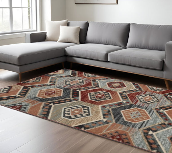 HomeRoots 9' Bold Geometric Area Rug in Red, Gray & Orange – Durable, Stain-Resistant Design for Modern Homes 9' X 12' 374404