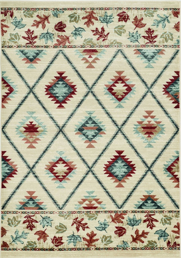 HomeRoots 5' Southwestern Area Rug in Earthy Ivory, Blue & Red - Durable, Stain-Resistant Design for Homes 5' X 8' 374406
