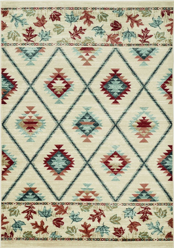 HomeRoots 5' Southwestern Area Rug in Earthy Ivory, Blue & Red - Durable, Stain-Resistant Design for Homes 5' X 8' 374406