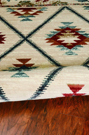 HomeRoots 5' Southwestern Area Rug in Earthy Ivory, Blue & Red - Durable, Stain-Resistant Design for Homes 5' X 8' 374406