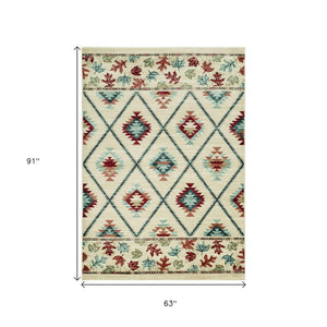 HomeRoots 5' Southwestern Area Rug in Earthy Ivory, Blue & Red - Durable, Stain-Resistant Design for Homes 5' X 8' 374406